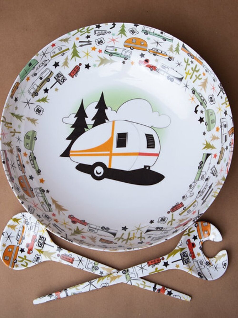 Camper theme Salad/pasta bowl with 2 serving utensils